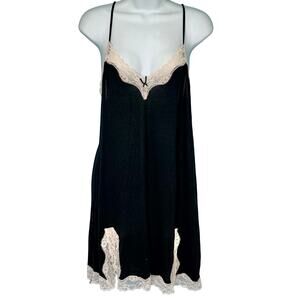 Victoria's Secret Black Cream Lace Double Slit Slip Chemise Mini Dress size L